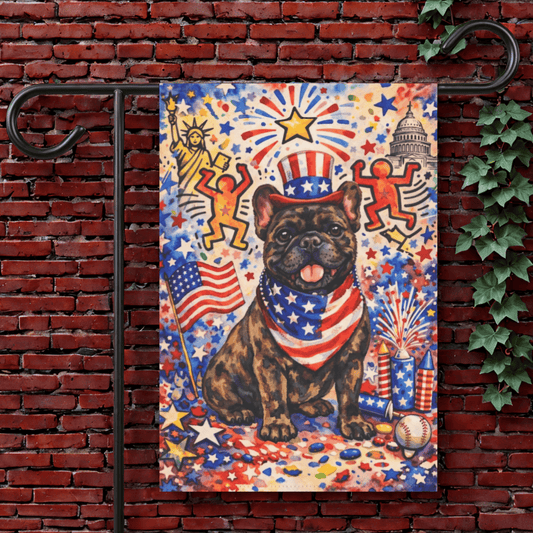 Brindle Frenchie USA 4th of July Garden Flag 12'' × 18''