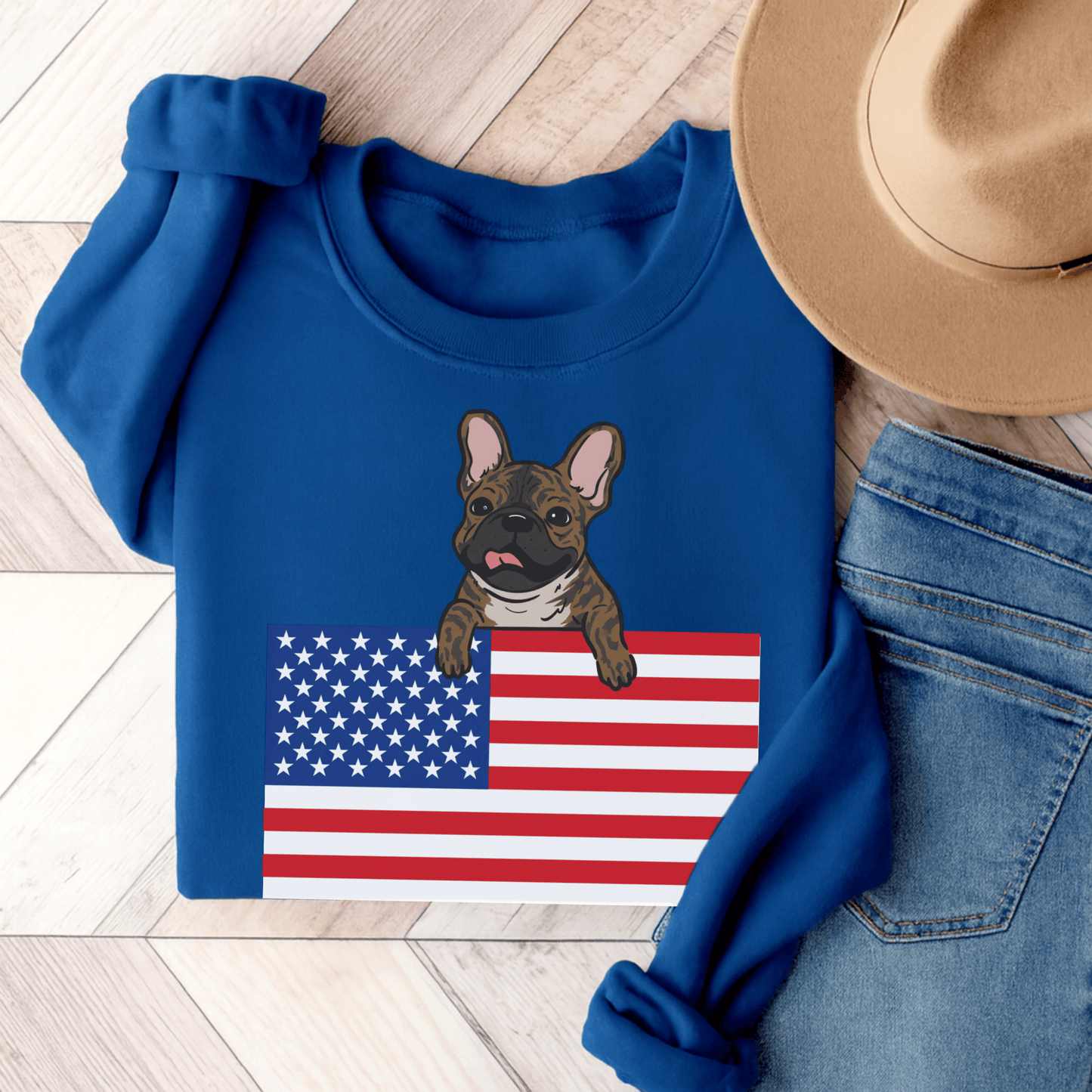 Brindle French Bulldog USA Flag Unisex Sweatshirt Royal