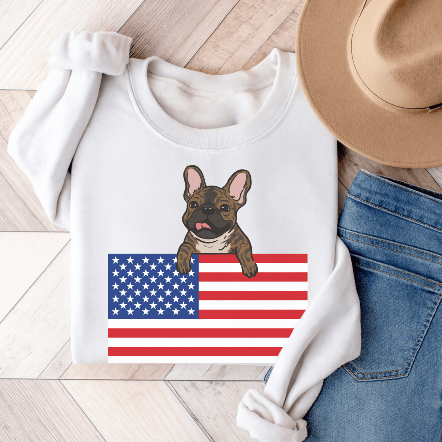 Brindle French Bulldog USA Flag Unisex Sweatshirt White