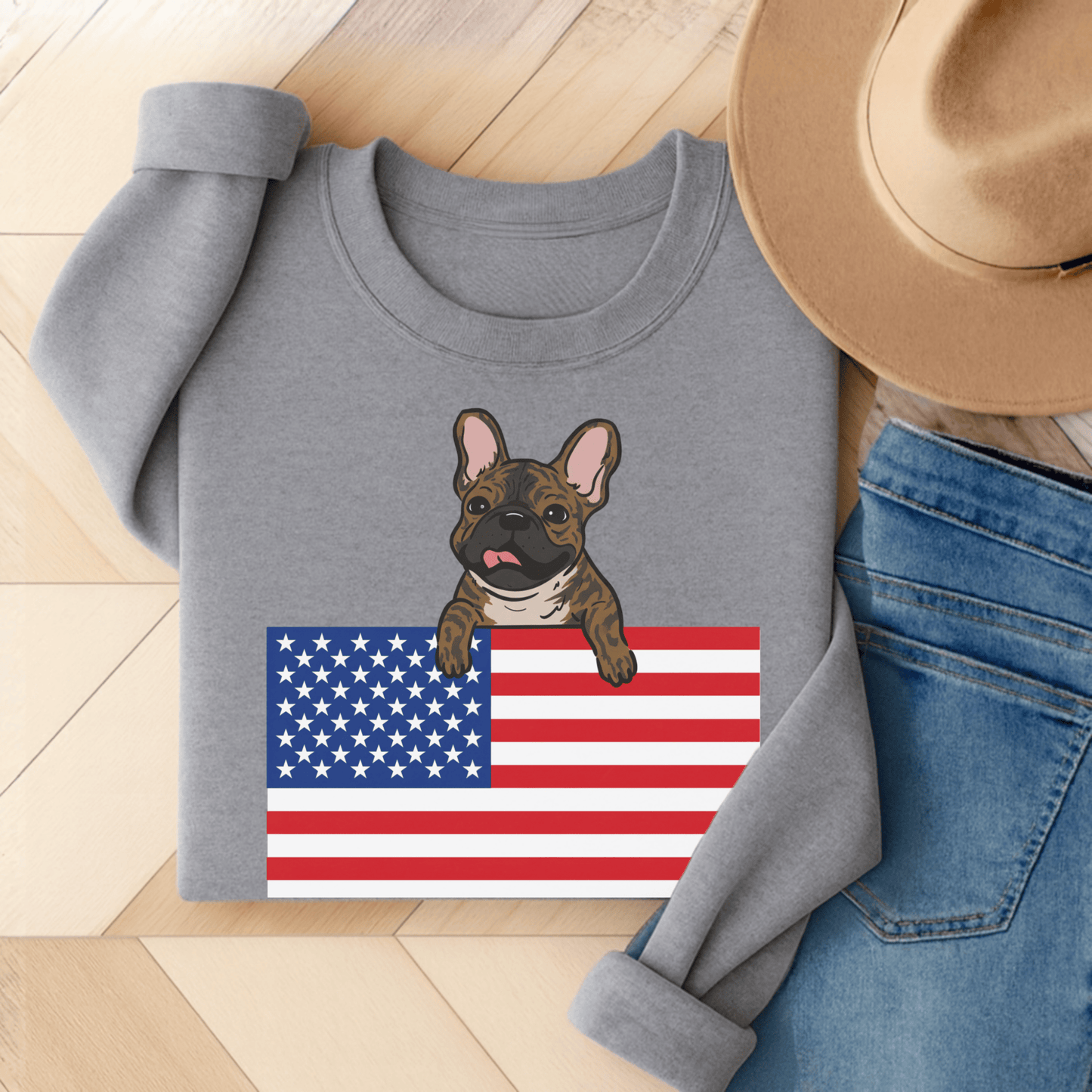 Brindle French Bulldog USA Flag Unisex Sweatshirt Sport Grey