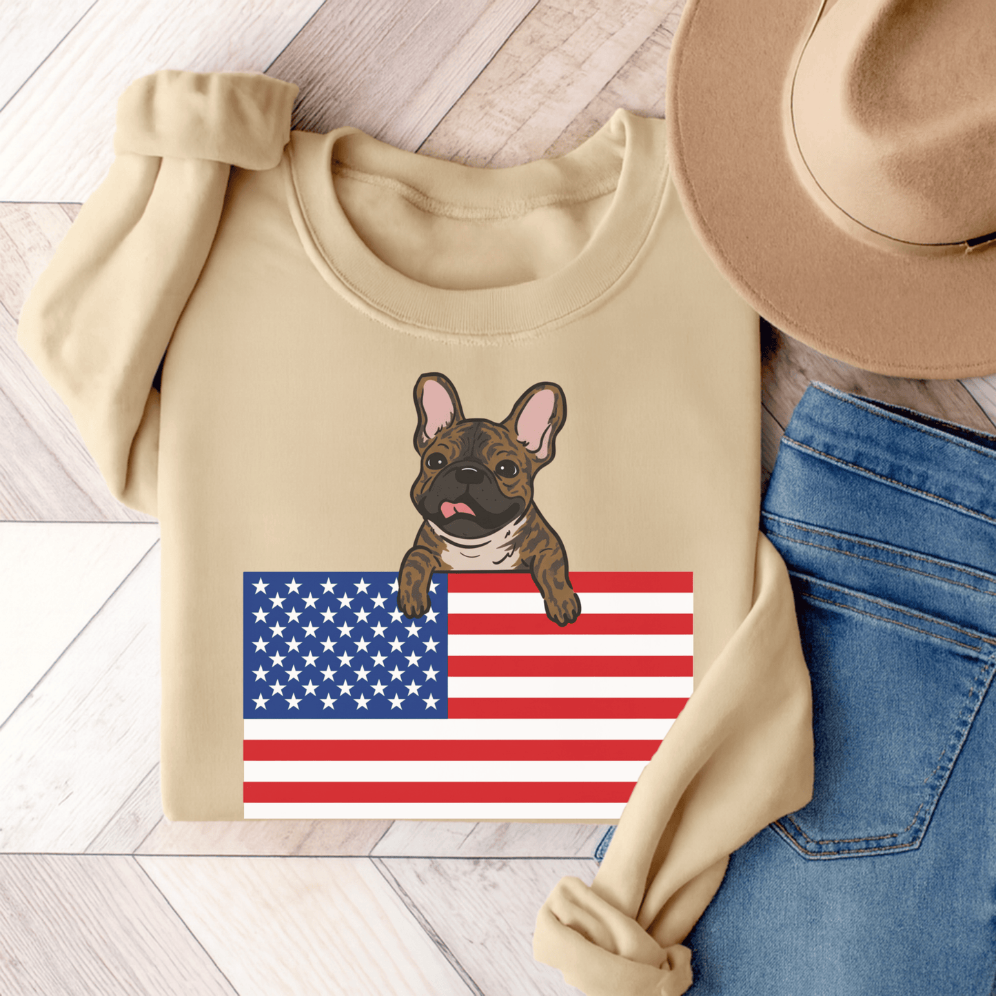 Brindle French Bulldog USA Flag Unisex Sweatshirt Sand