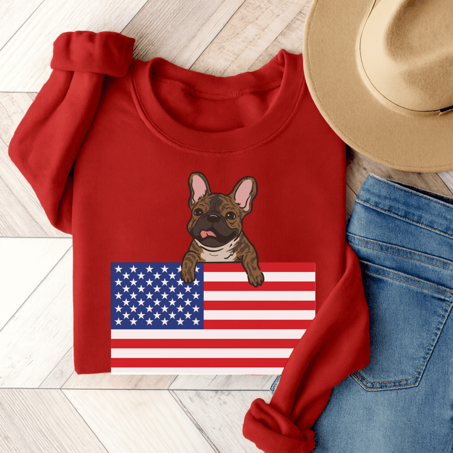 Brindle French Bulldog USA Flag Unisex Sweatshirt Red