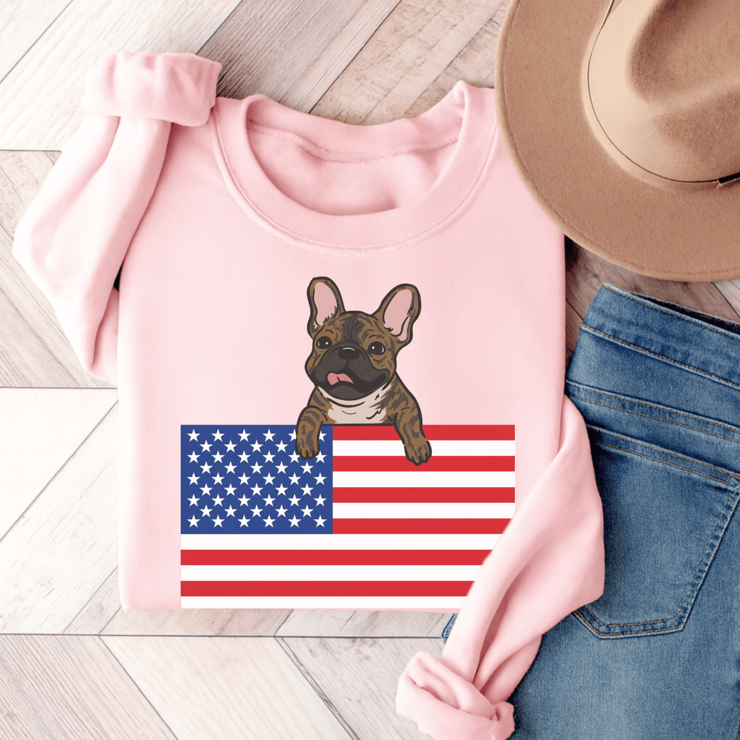 Brindle French Bulldog USA Flag Unisex Sweatshirt Light Pink