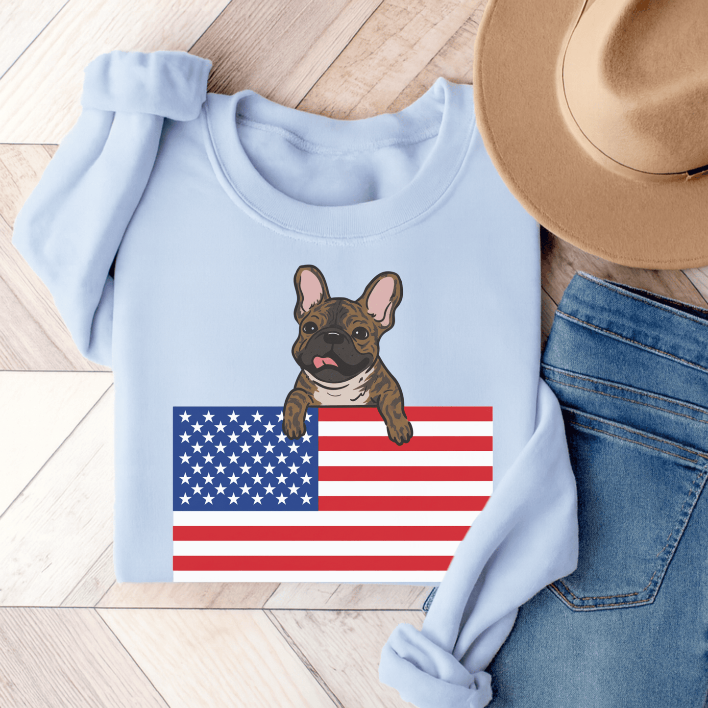 Brindle French Bulldog USA Flag Unisex Sweatshirt Light Blue