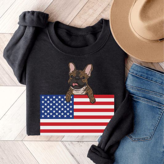 Brindle French Bulldog USA Flag Unisex Sweatshirt Dark Heather