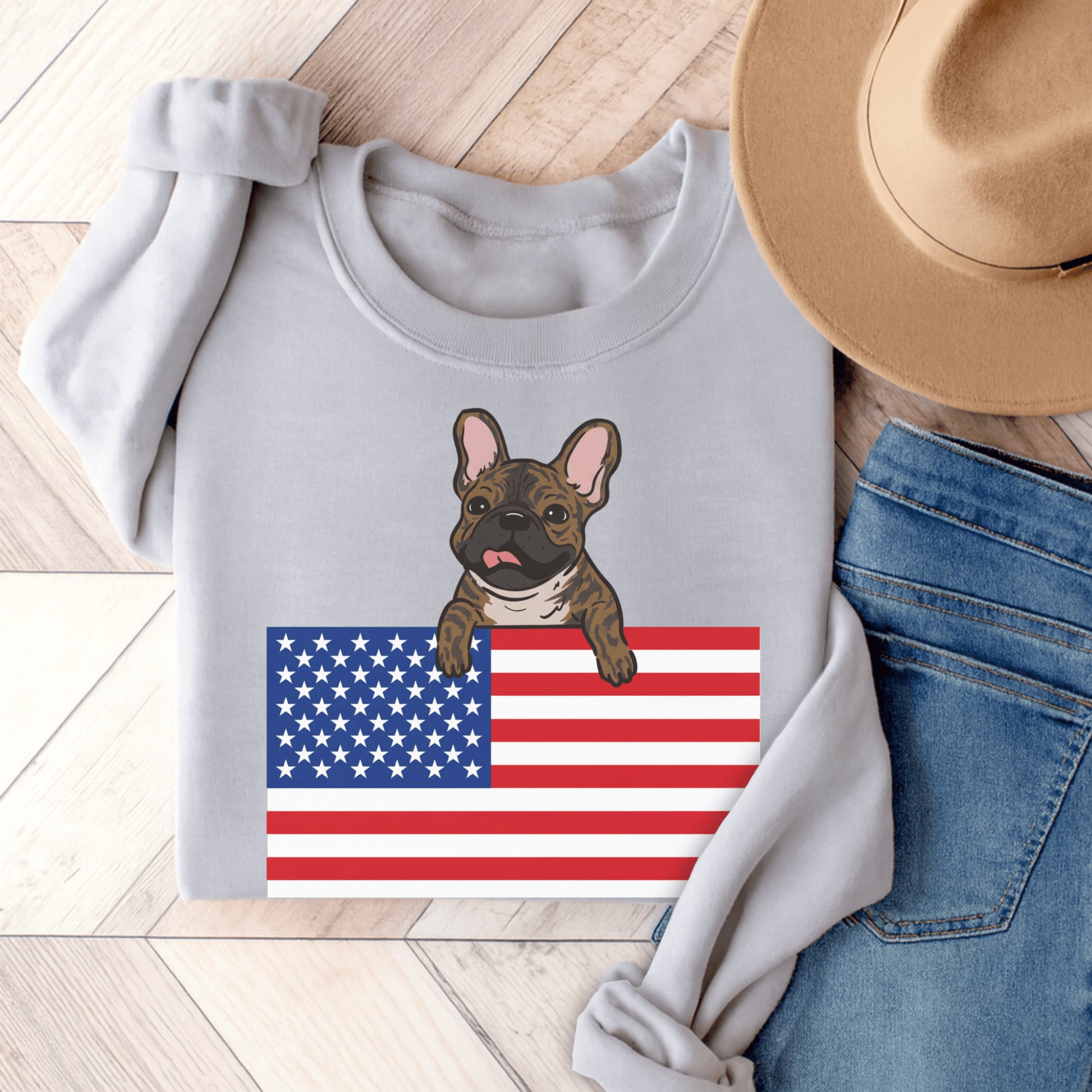 Brindle French Bulldog USA Flag Unisex Sweatshirt Ash