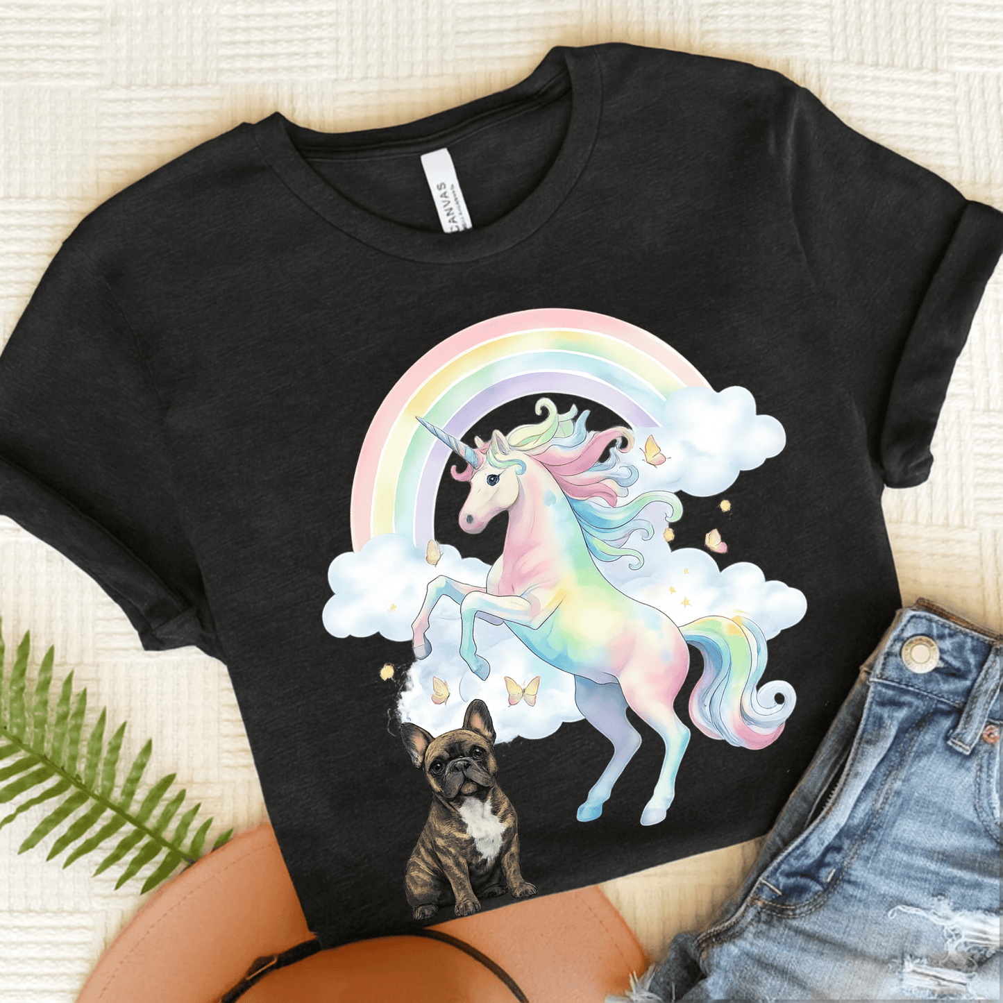 Brindle French Bulldog Watercolor Unicorn Unisex Tshirt Dark Heather