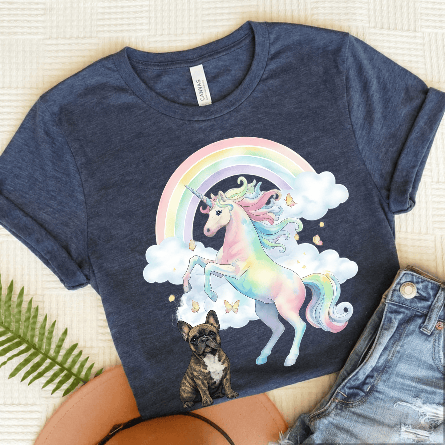Brindle French Bulldog Watercolor Unicorn Unisex Tshirt Heather Navy