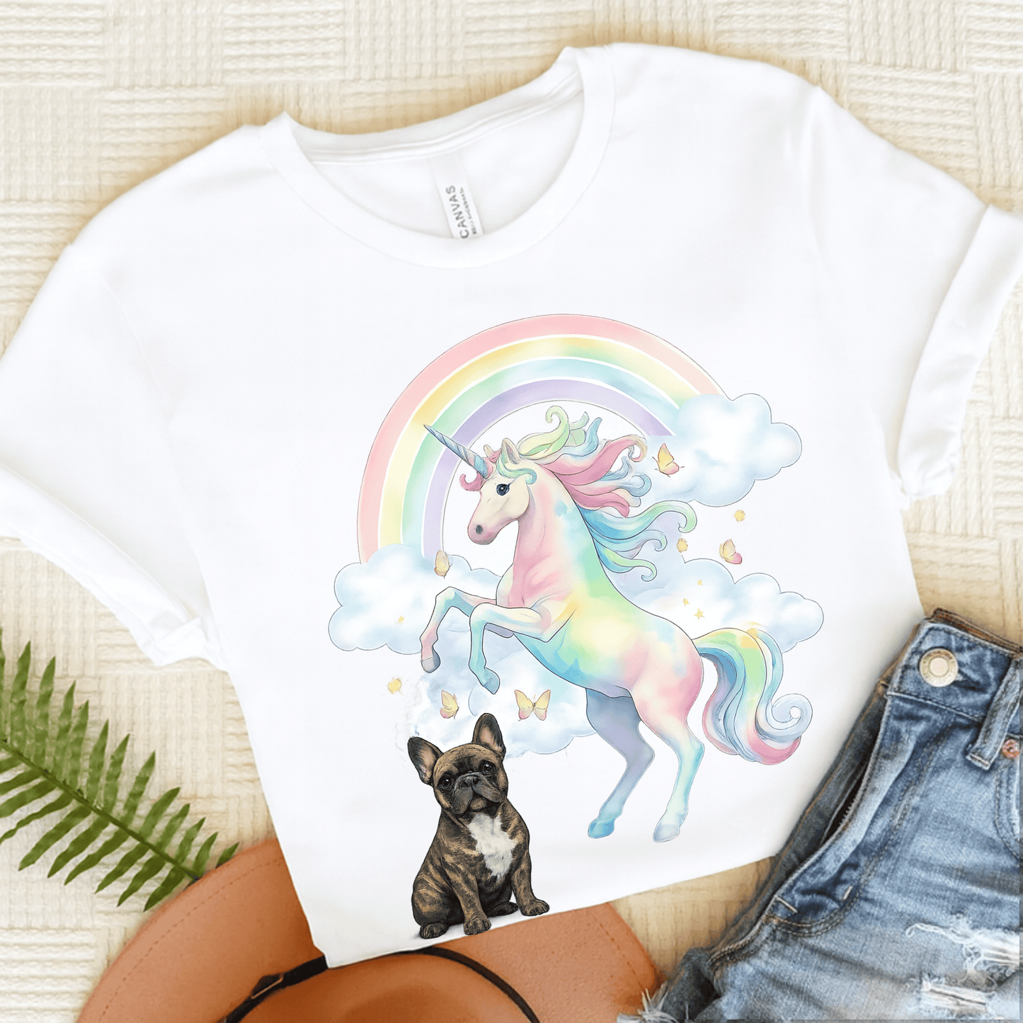 Brindle French Bulldog Watercolor Unicorn Unisex Tshirt White