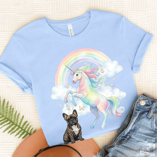 Brindle French Bulldog Watercolor Unicorn Unisex Tshirt Light Blue