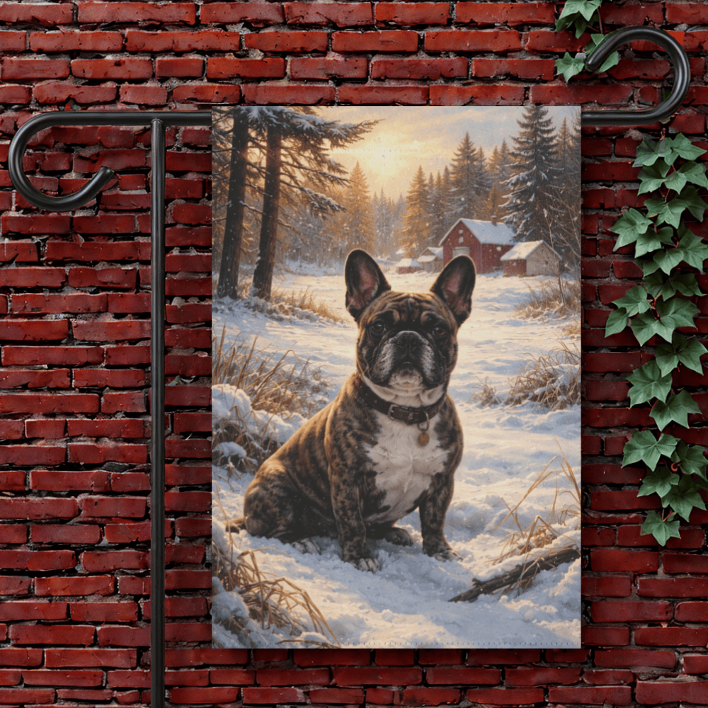 Brindle French Bulldog Winter Snow Yard Garden Flag 12'' × 18''