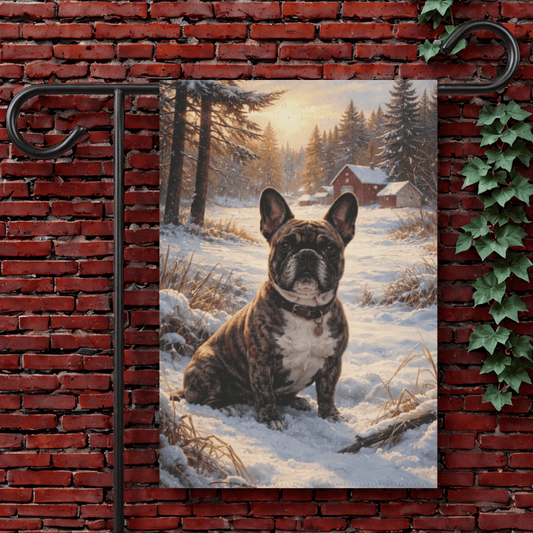 Brindle French Bulldog Winter Snow Yard Garden Flag 12'' × 18''