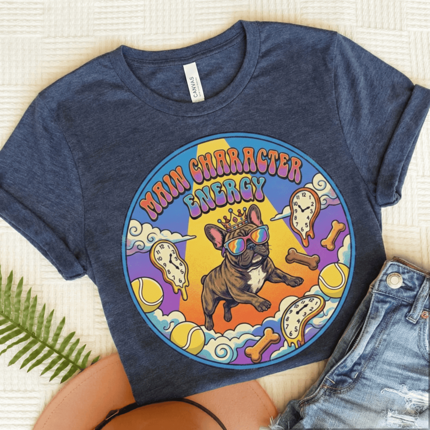 Brindle French Bulldogs Main Character Hippie Unisex TShirt Heather Navy