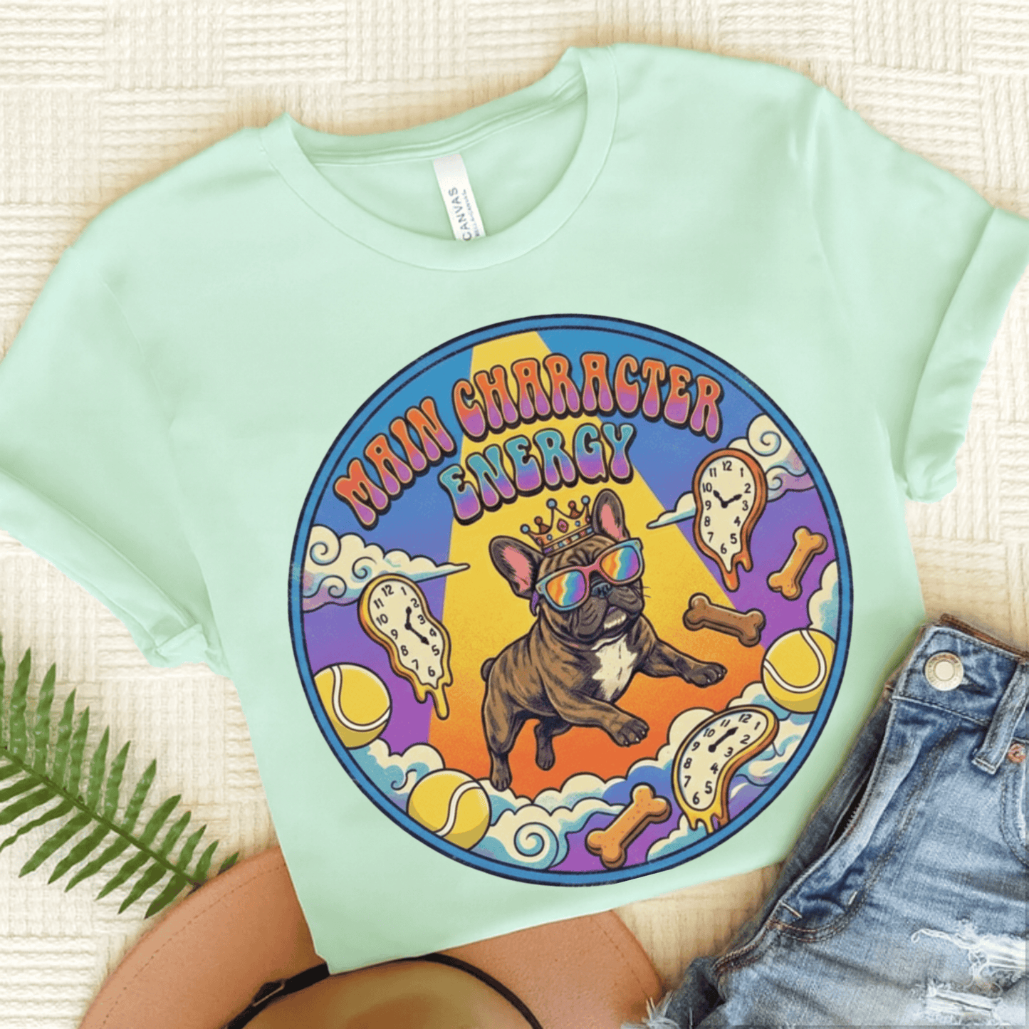 Brindle French Bulldogs Main Character Hippie Unisex TShirt Heather Mint