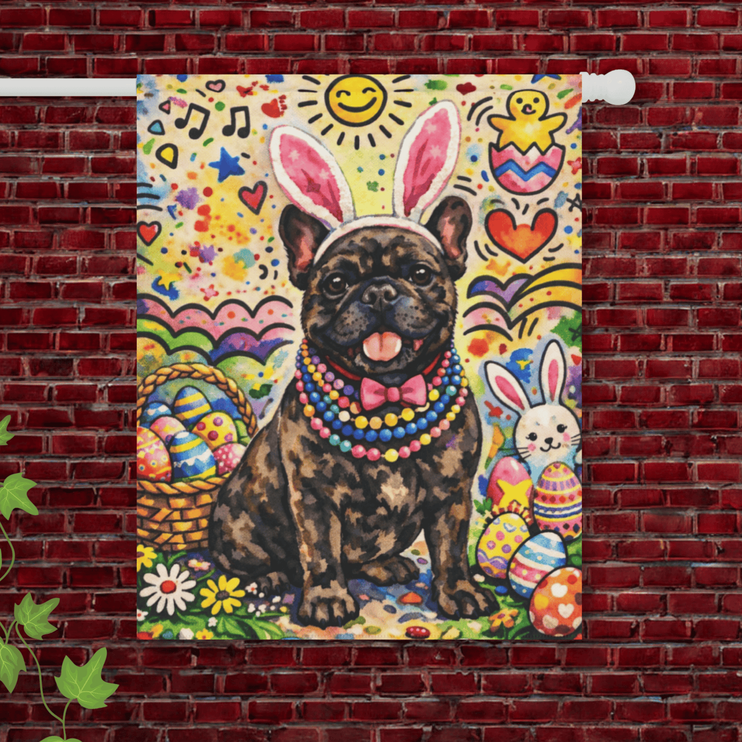 Brindle French Colorful Playful Easter Garden Flag 24.5'' × 32''