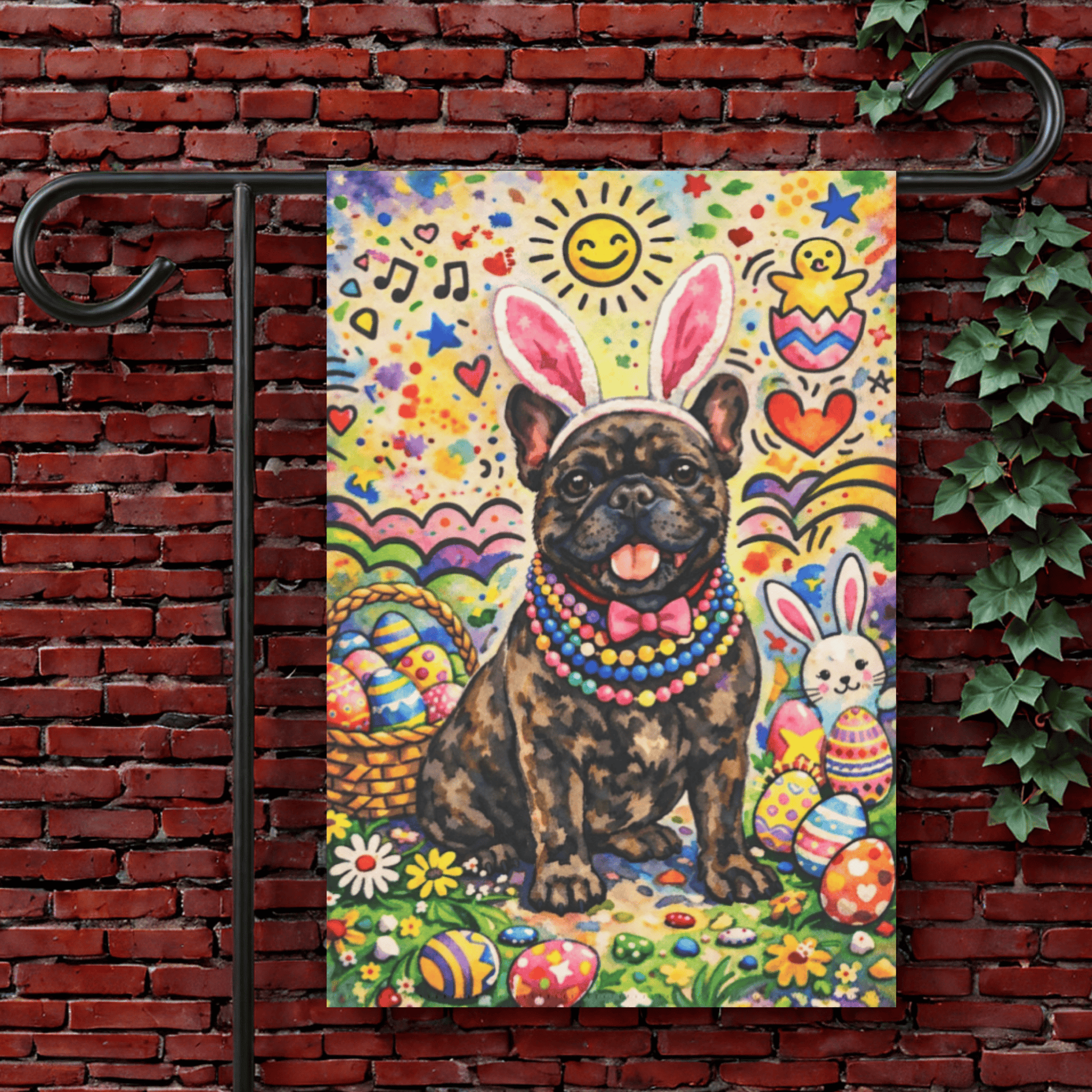 Brindle French Colorful Playful Easter Garden Flag 12'' × 18''