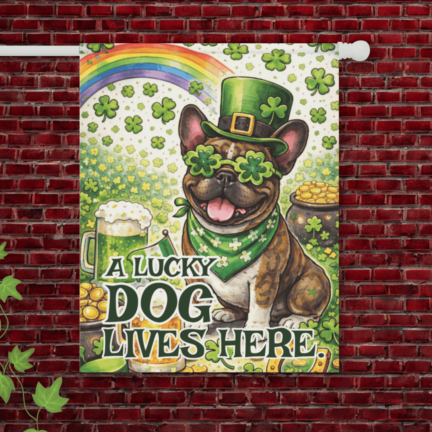 Brindle French Lucky Dog Saint Patricks Garden Flag 24.5'' × 32''