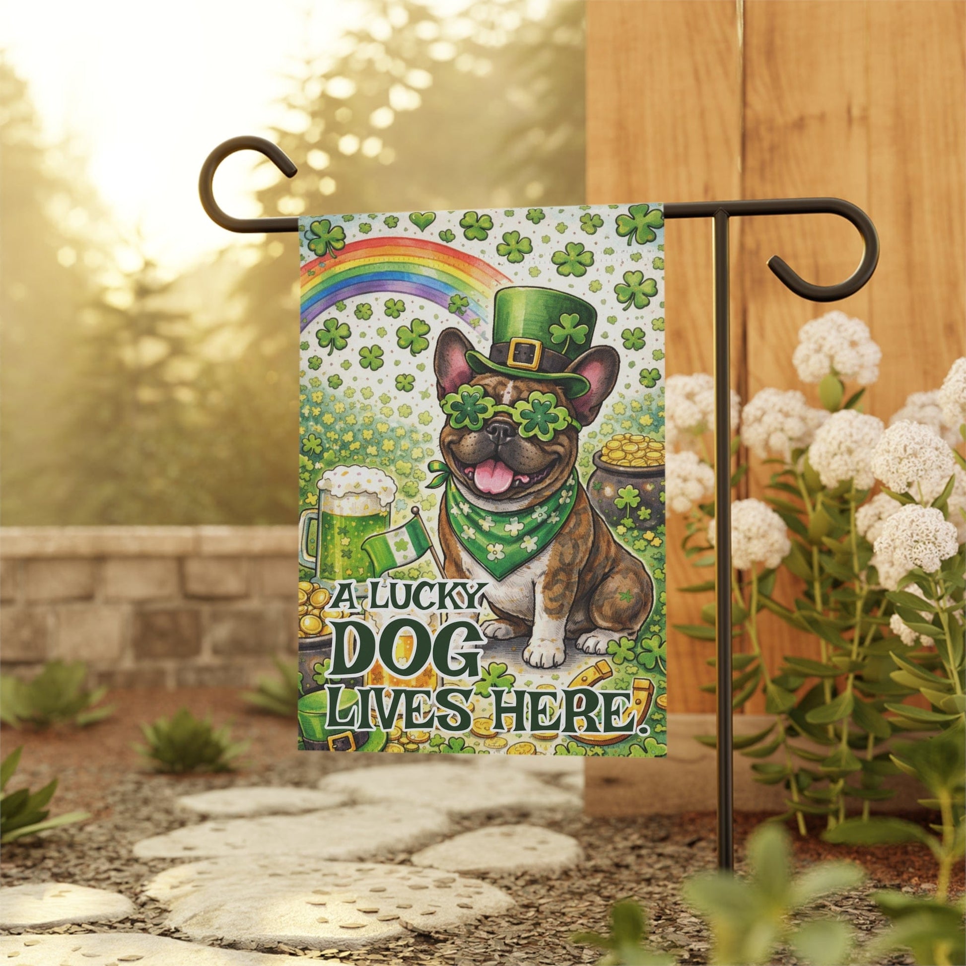 Brindle French Lucky Dog Saint Patricks Garden Flag