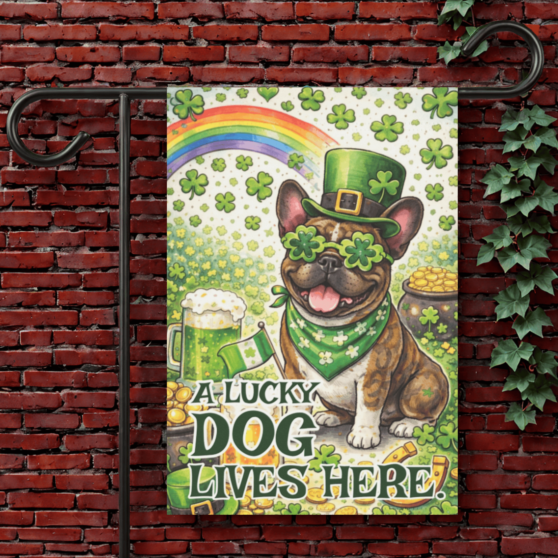 Brindle French Lucky Dog Saint Patricks Garden Flag 12'' × 18''