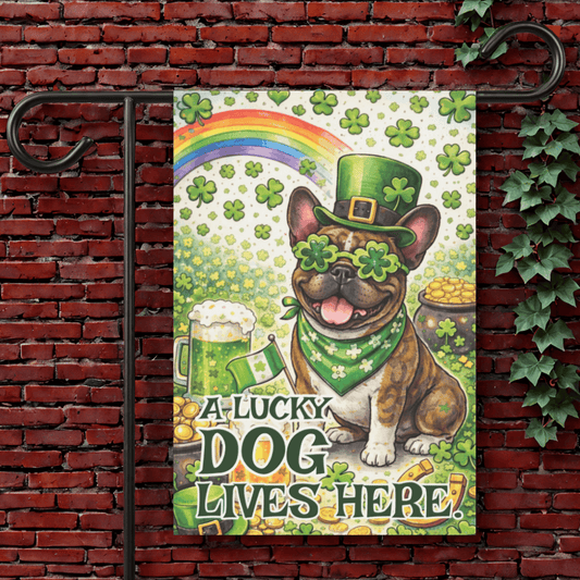 Brindle French Lucky Dog Saint Patricks Garden Flag 12'' × 18''