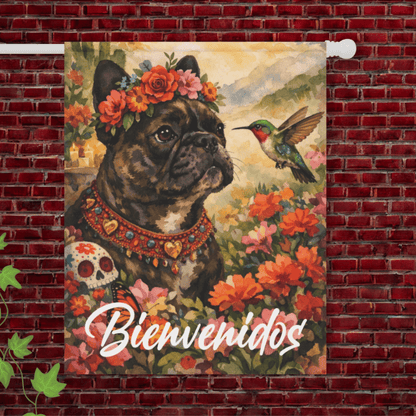 Personalized Frenchie Bienvenidos Spanish Garden Flag 24.5'' × 32''