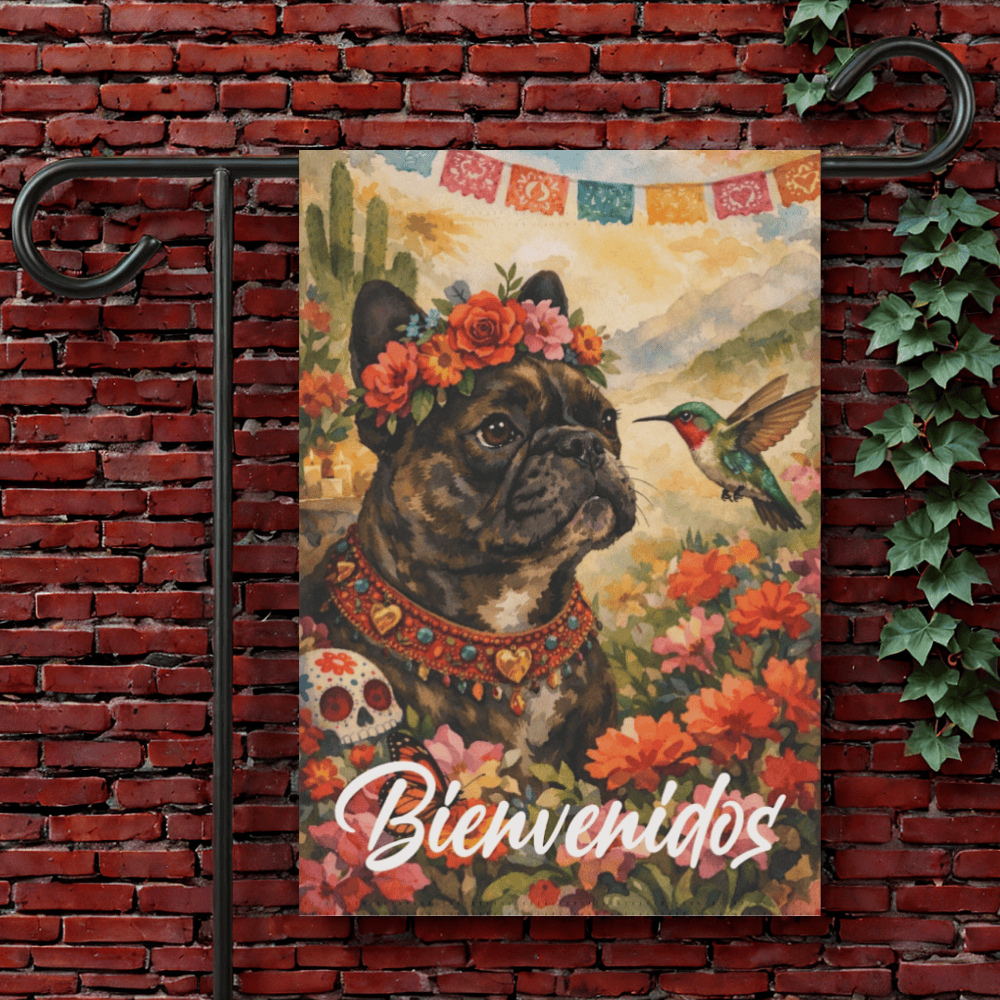 Personalized Frenchie Bienvenidos Spanish Garden Flag 12'' × 18''