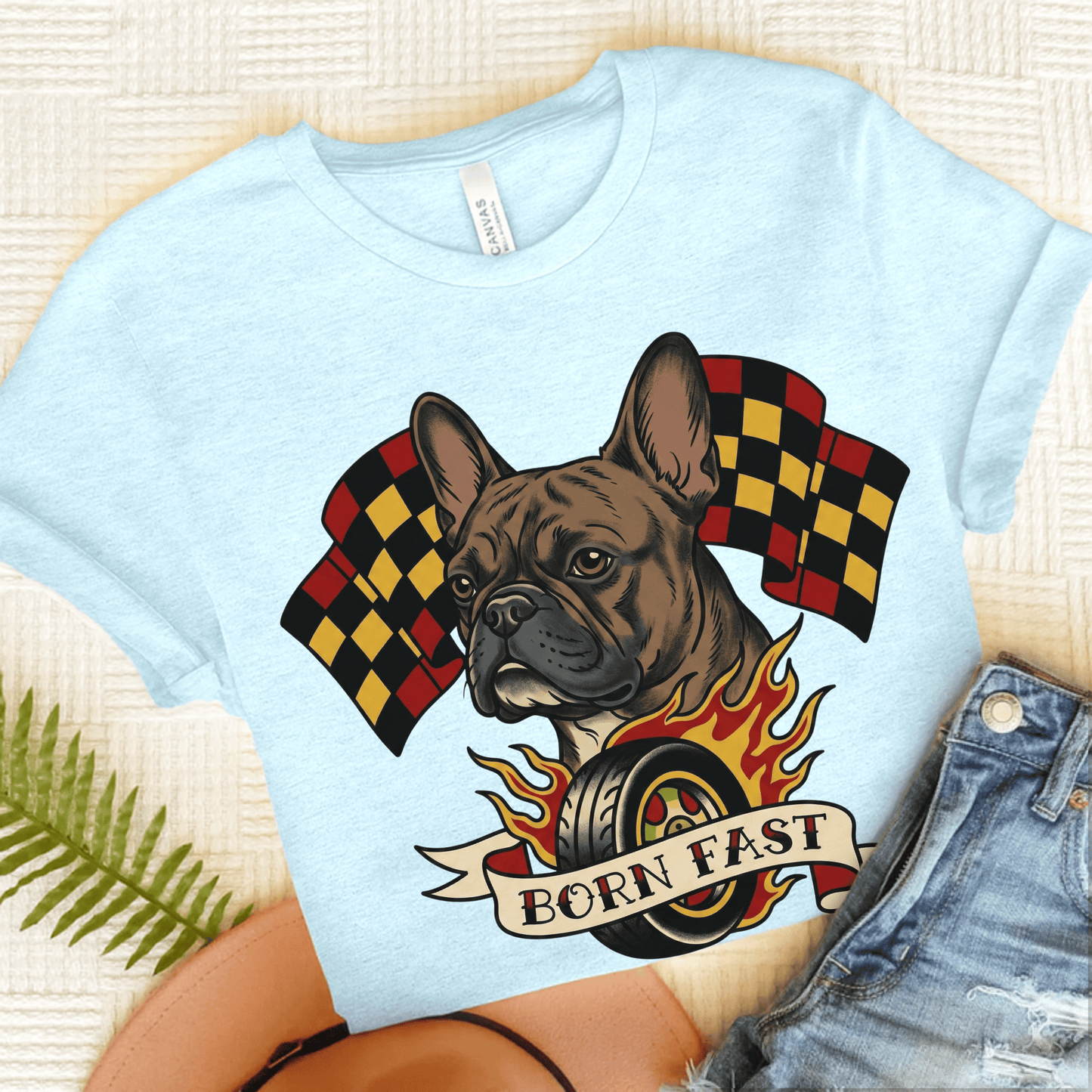 Brindle Frenchie Born Fast Racecar Unisex TShirt Heather Ice Blue