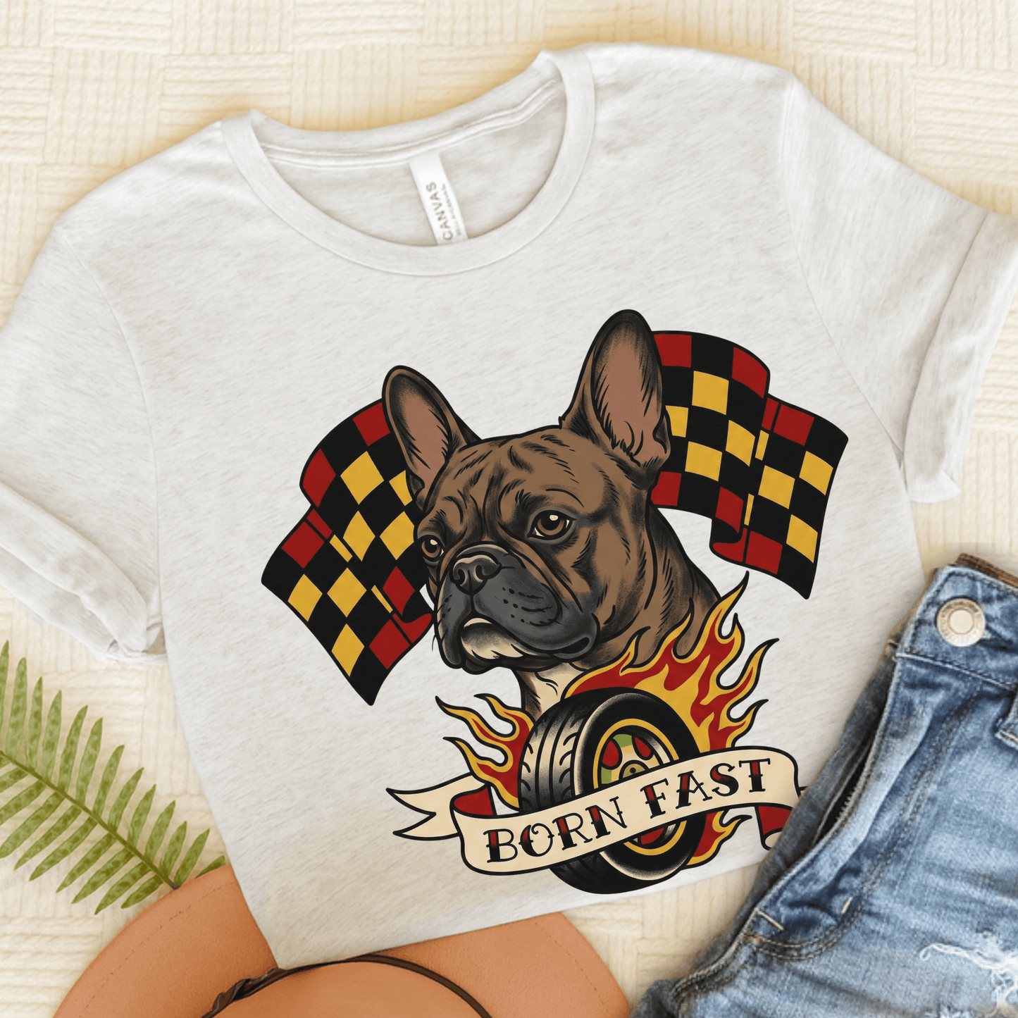 Brindle Frenchie Born Fast Racecar Unisex TShirt Ash