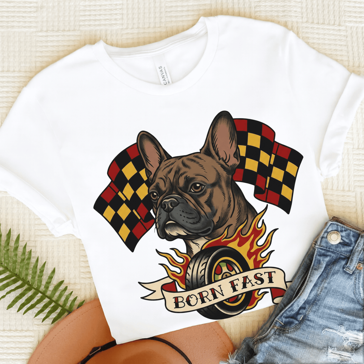 Brindle Frenchie Born Fast Racecar Unisex TShirt White