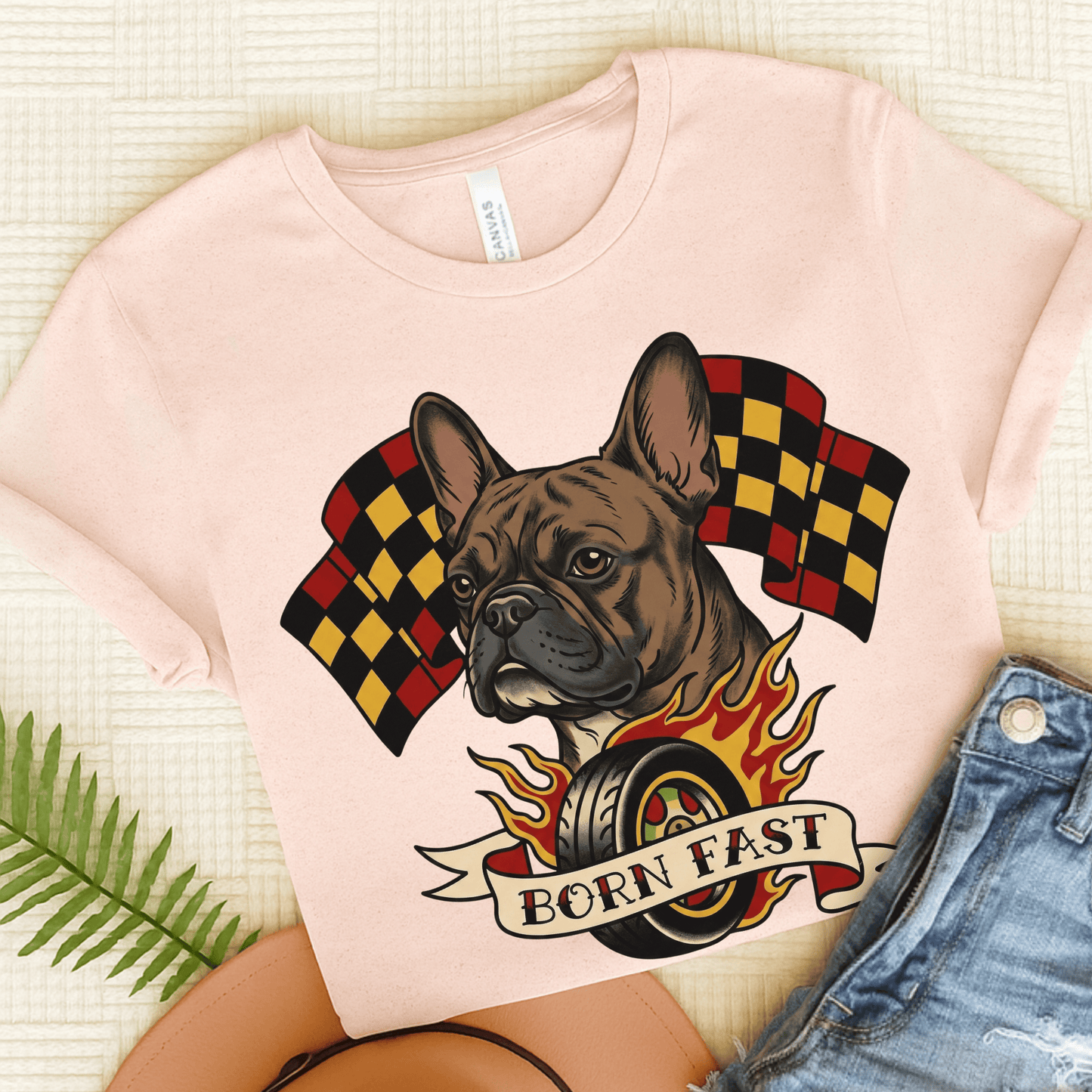Brindle Frenchie Born Fast Racecar Unisex TShirt Soft Pink