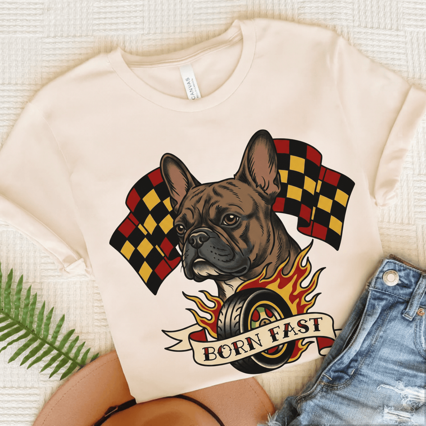 Brindle Frenchie Born Fast Racecar Unisex TShirt Natural