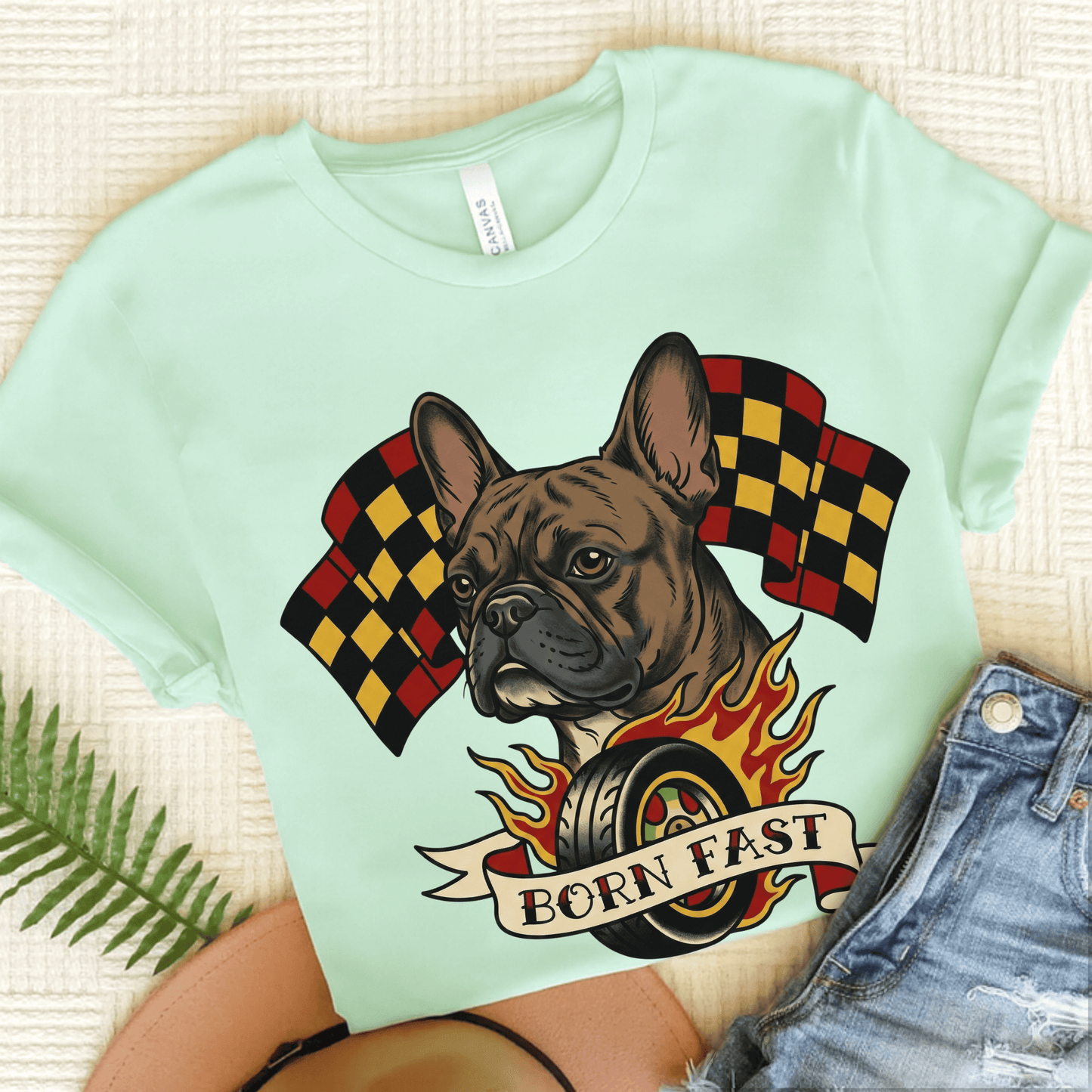 Brindle Frenchie Born Fast Racecar Unisex TShirt Heather Mint