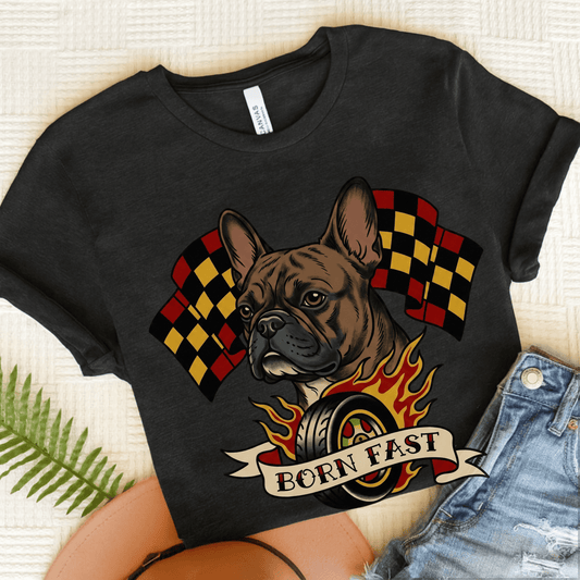 Brindle Frenchie Born Fast Racecar Unisex TShirt Dark Grey Heather