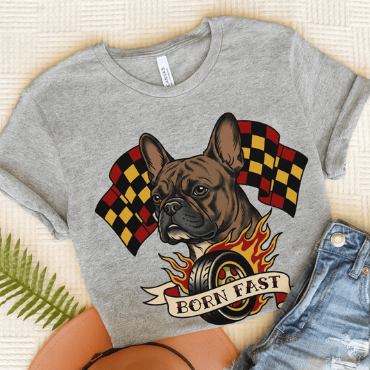 Brindle Frenchie Born Fast Racecar Unisex TShirt Athletic Heather