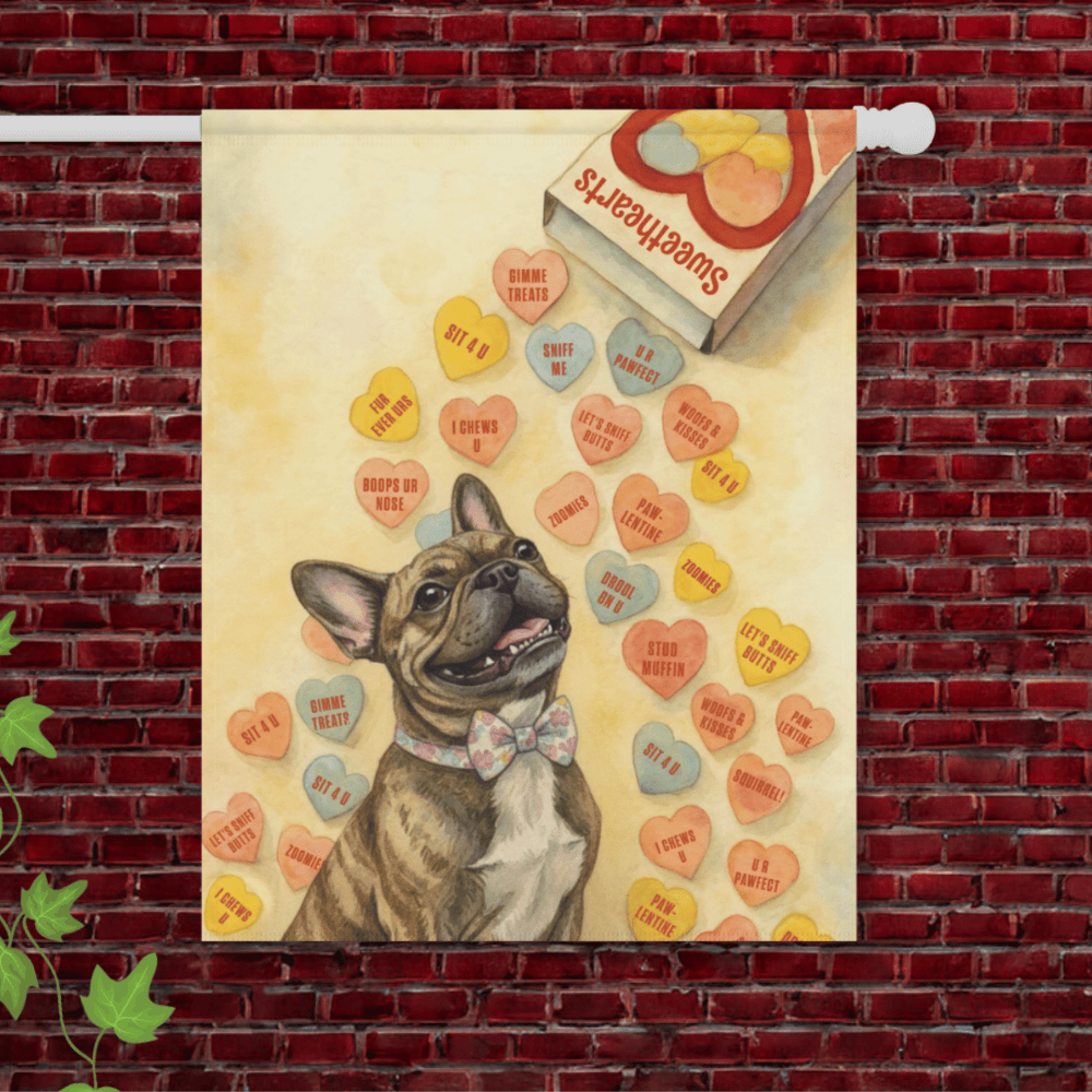 Personalized Frenchie Candy Hearts Garden Flag 24.5'' × 32''