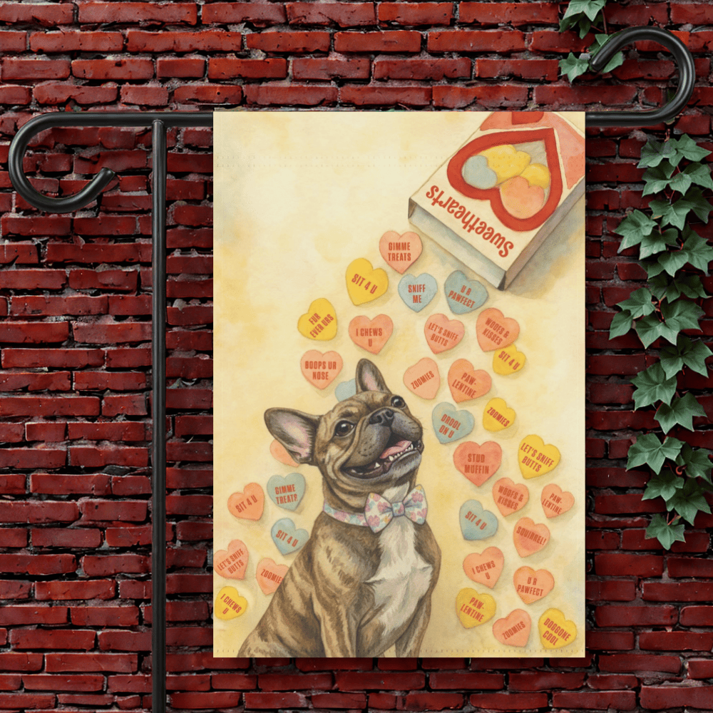 Personalized Frenchie Candy Hearts Garden Flag 12'' × 18''