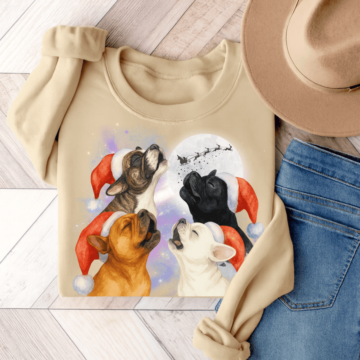 Brindle Frenchie Christmas Howliday Sweatshirt Sand