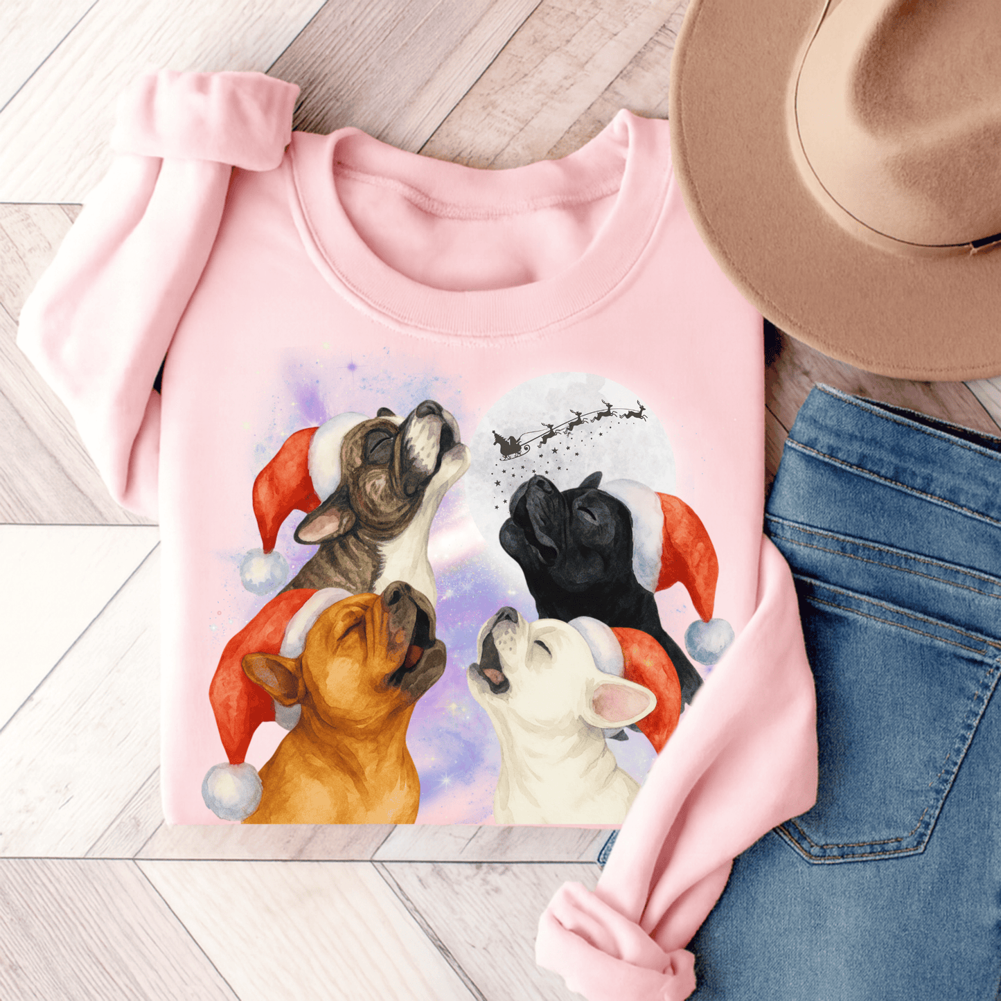 Brindle Frenchie Christmas Howliday Sweatshirt Light Pink