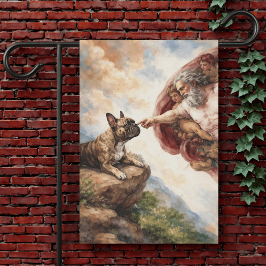 Brindle Frenchie Creation of Adam Garden Flag 12'' × 18''