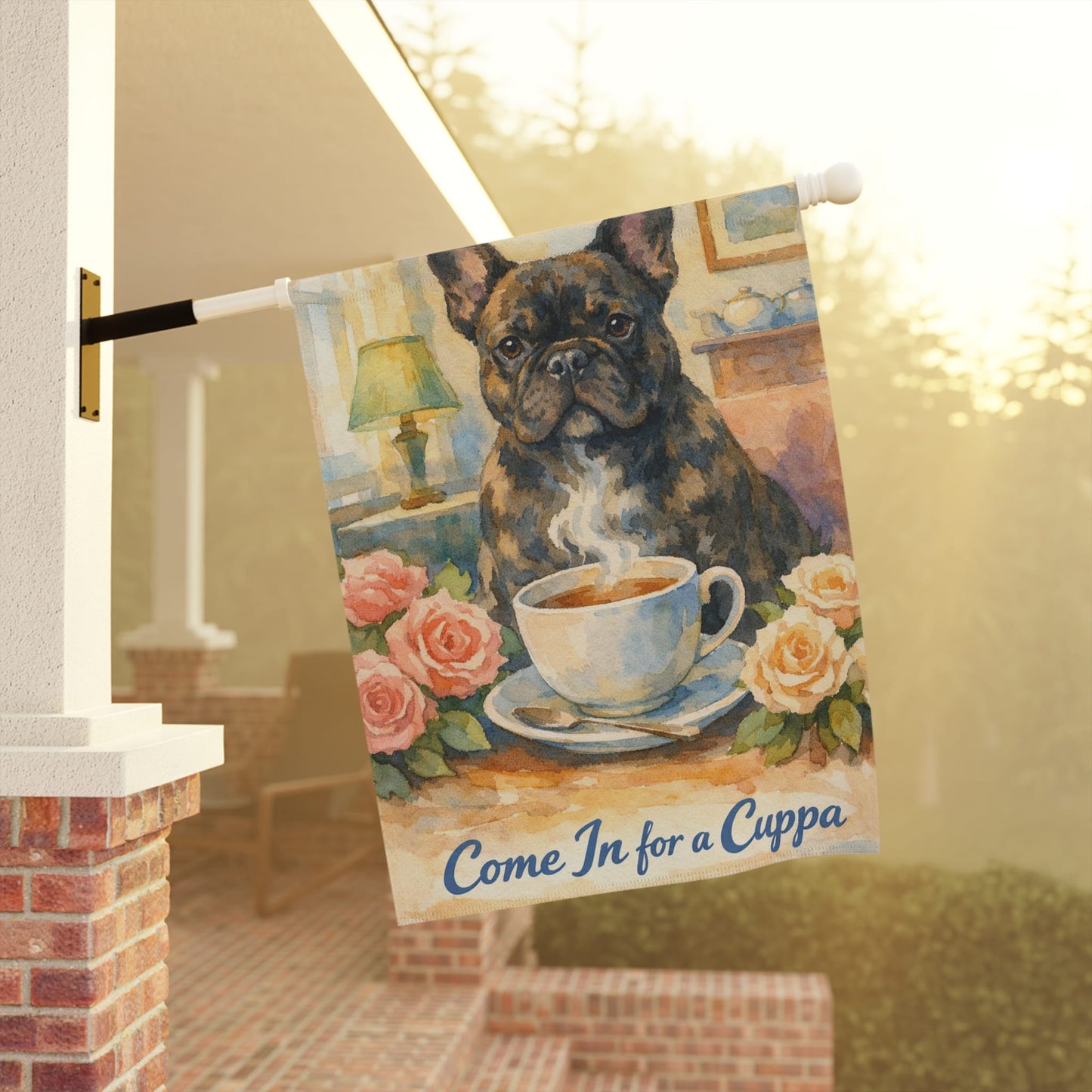 Brindle Frenchie Cuppa Tea Garden Flag