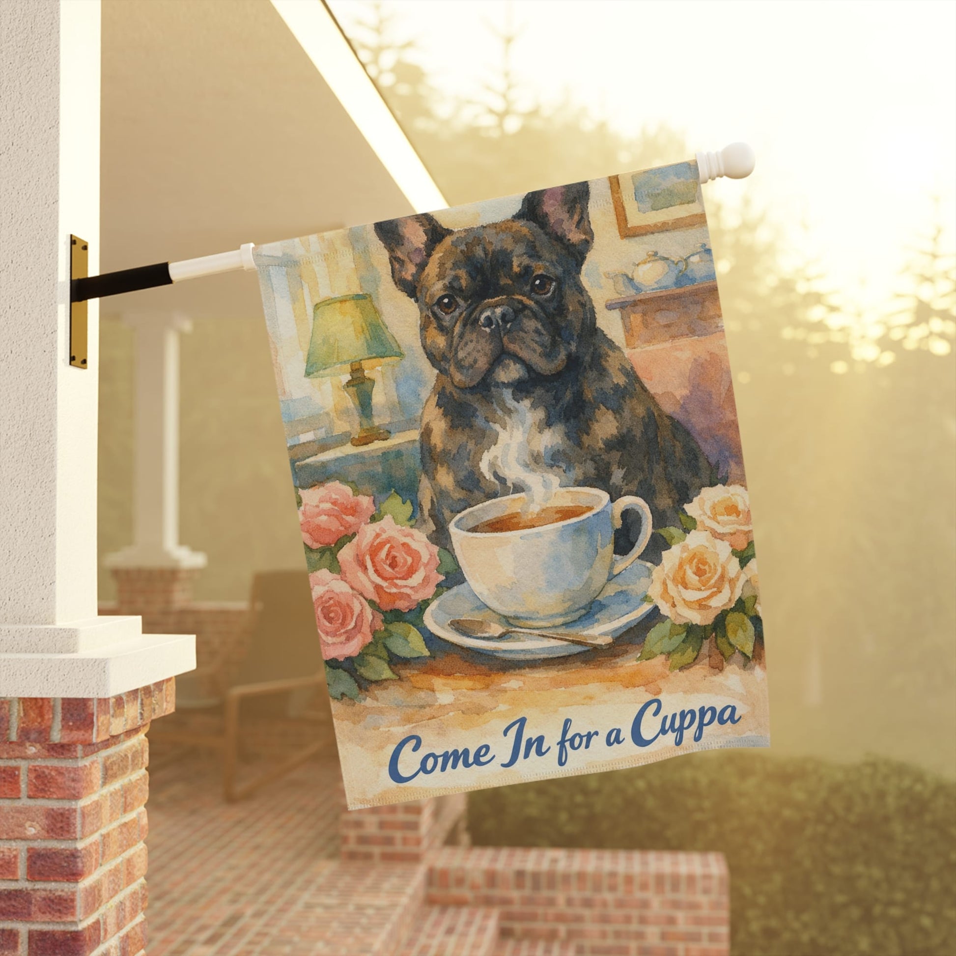 Brindle Frenchie Cuppa Tea Garden Flag