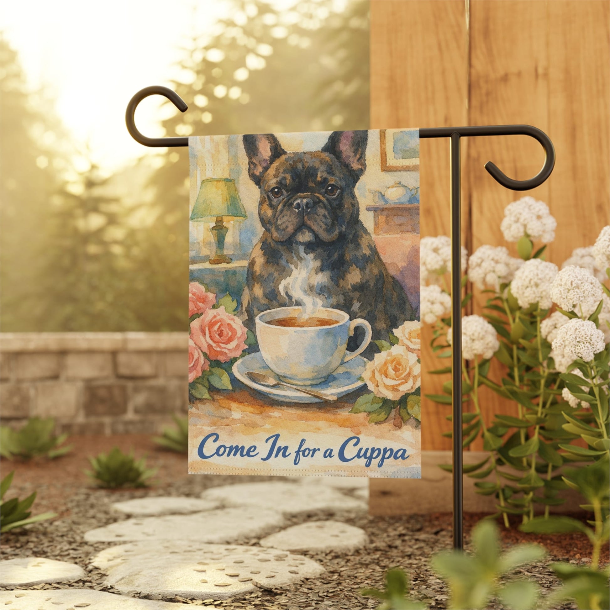 Brindle Frenchie Cuppa Tea Garden Flag