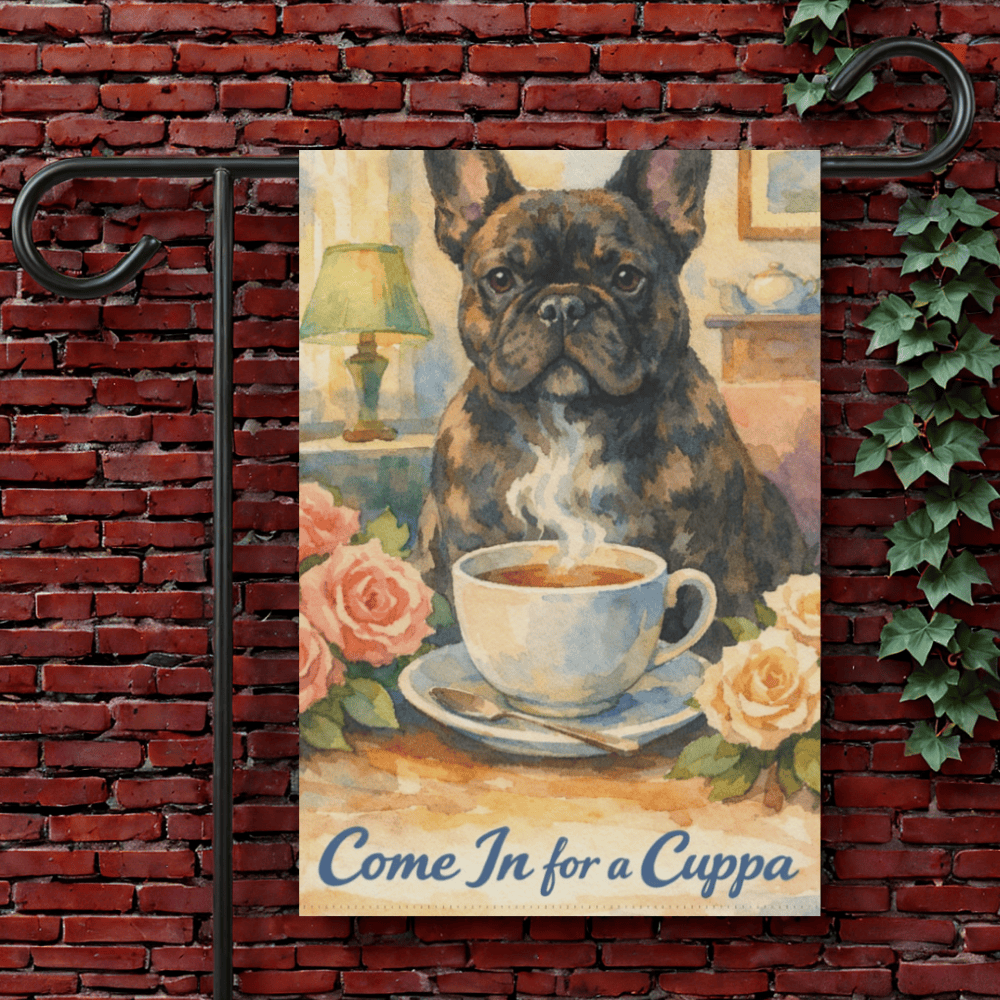 Brindle Frenchie Cuppa Tea Garden Flag 12'' × 18''