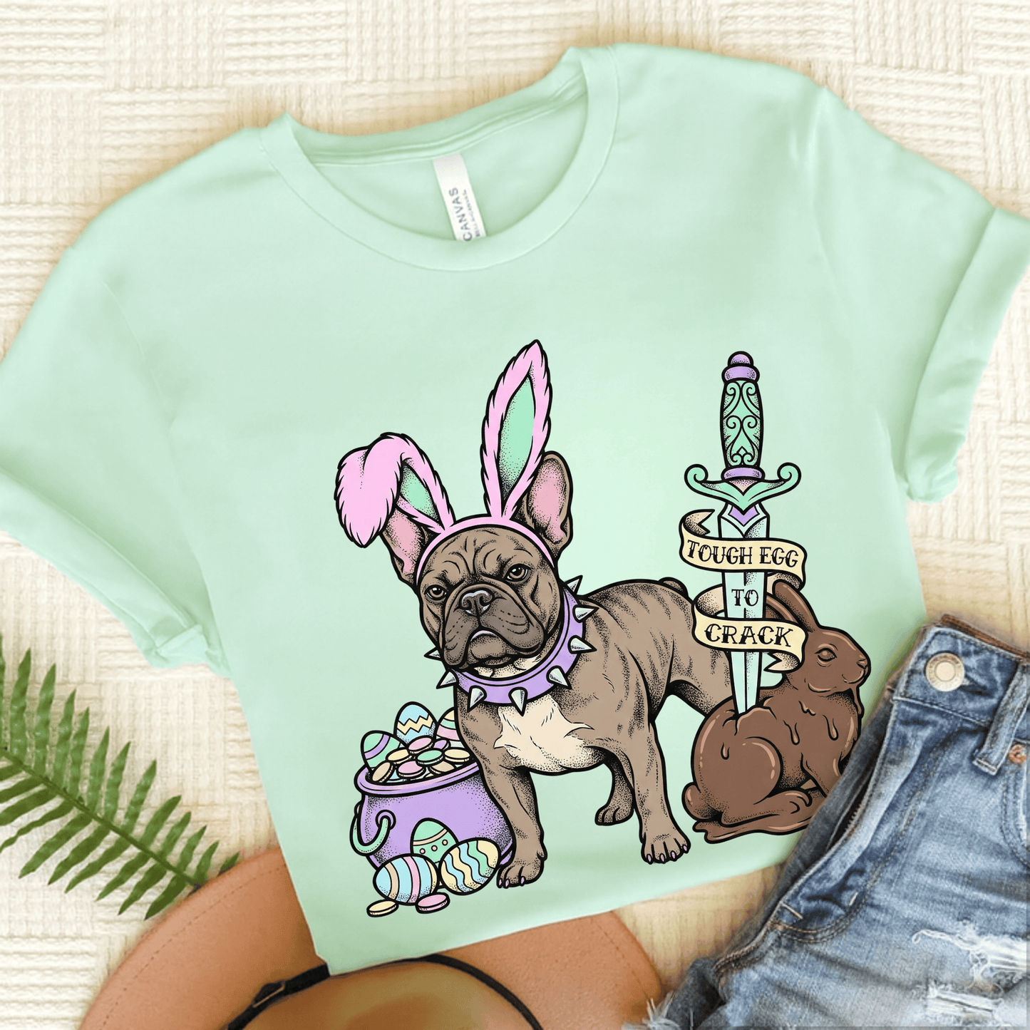 Brindle Frenchie Easter Tough Egg Unisex TShirt Heather Mint