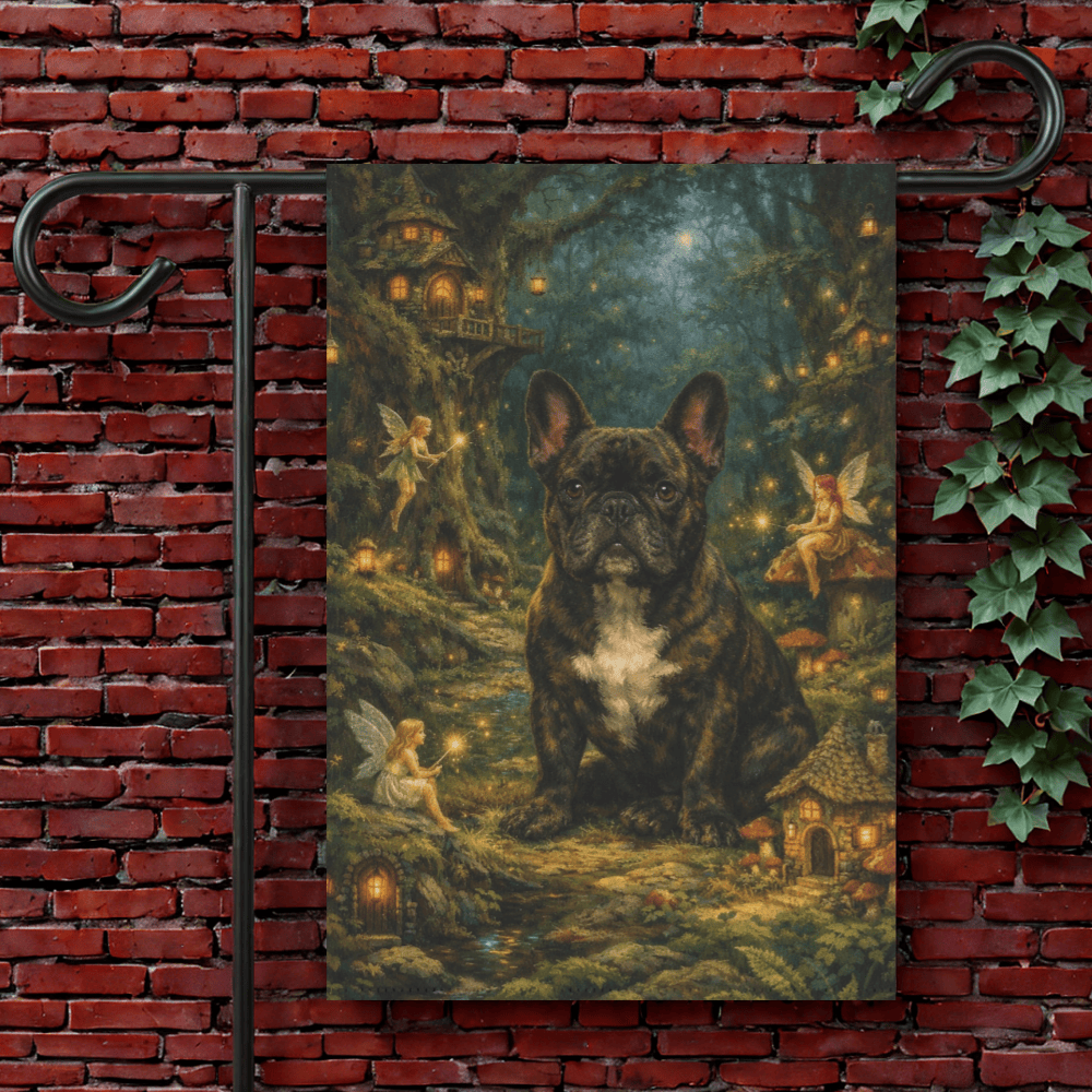 Brindle Frenchie Fantasy Fairy Garden Flag 12'' × 18''