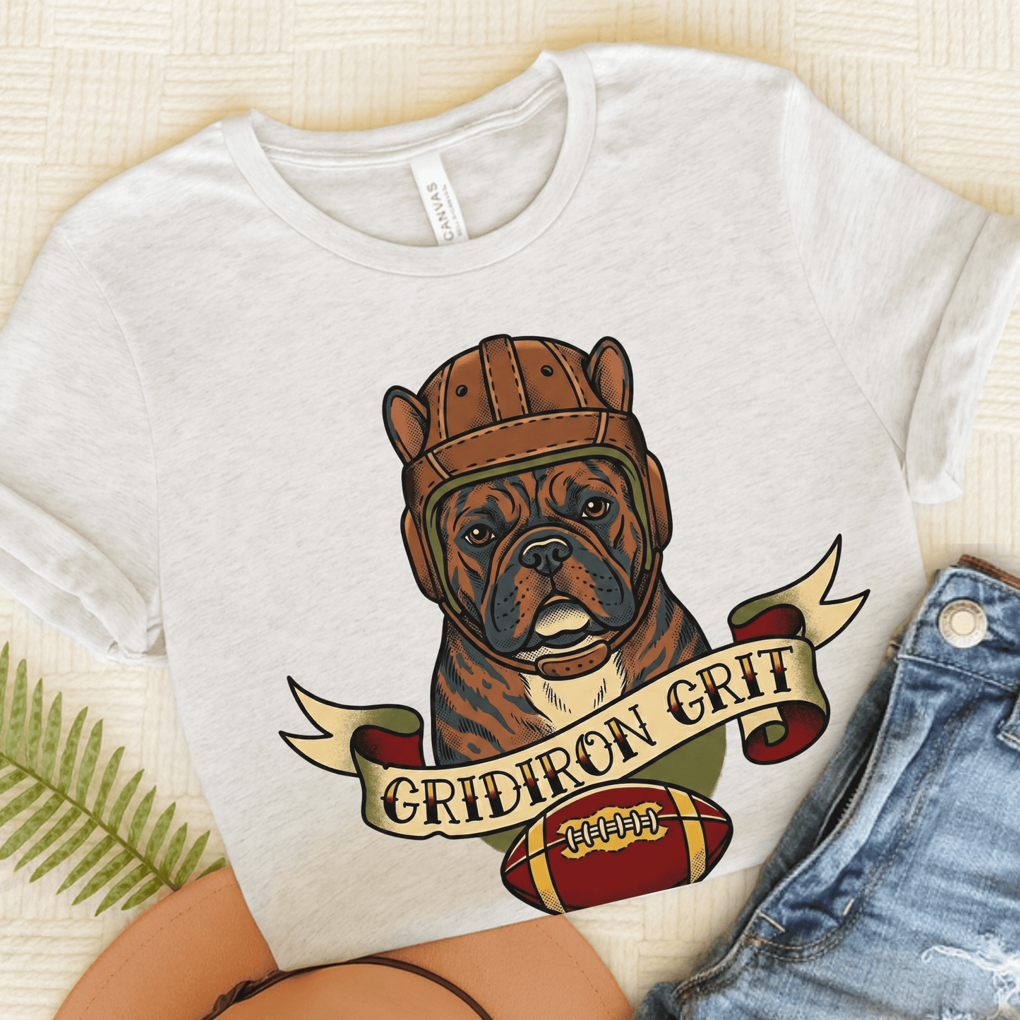 Brindle Frenchie Football Gridiron Unisex TShirt Ash