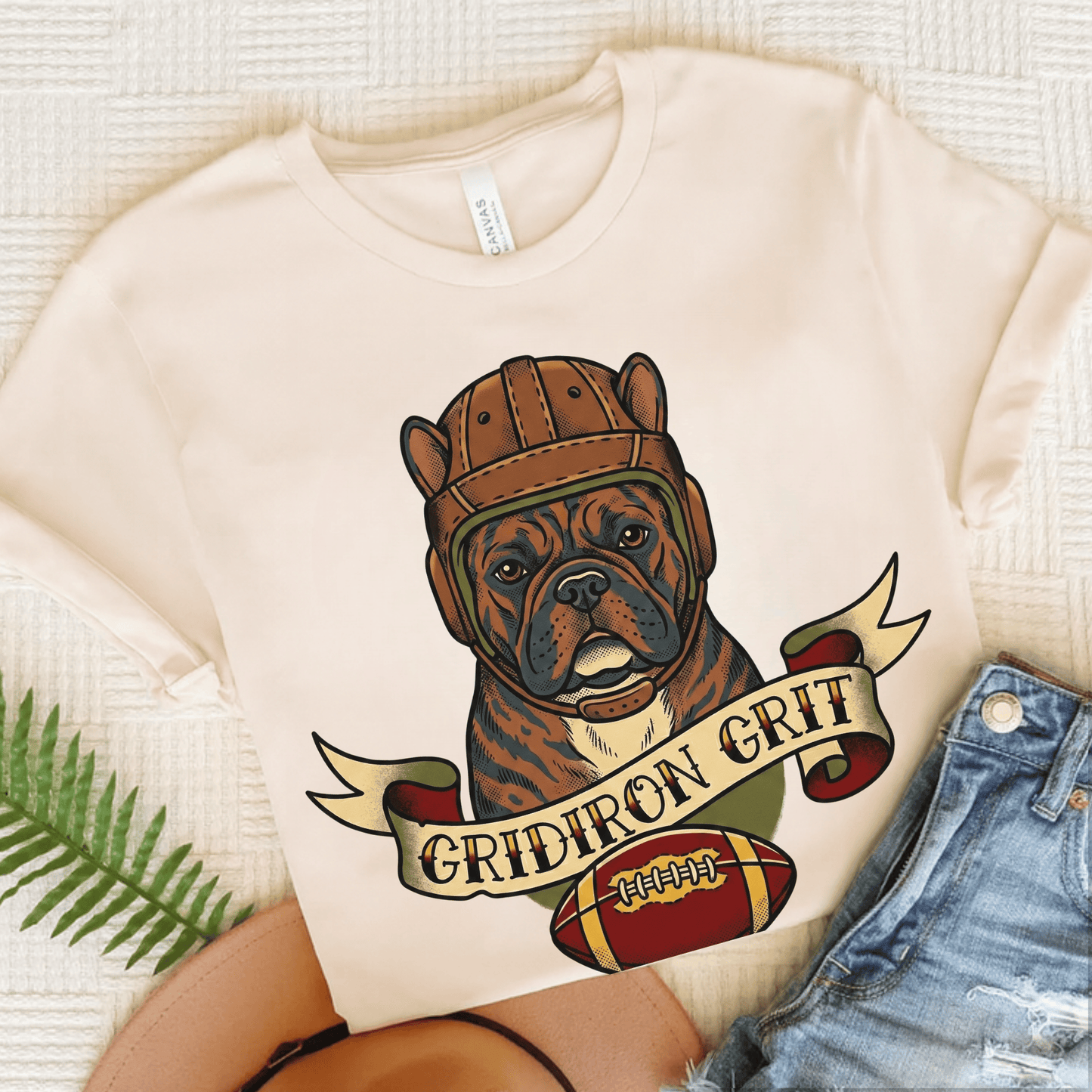 Brindle Frenchie Football Gridiron Unisex TShirt Natural