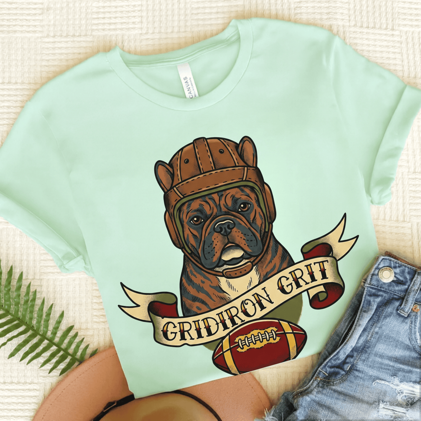Brindle Frenchie Football Gridiron Unisex TShirt Heather Mint