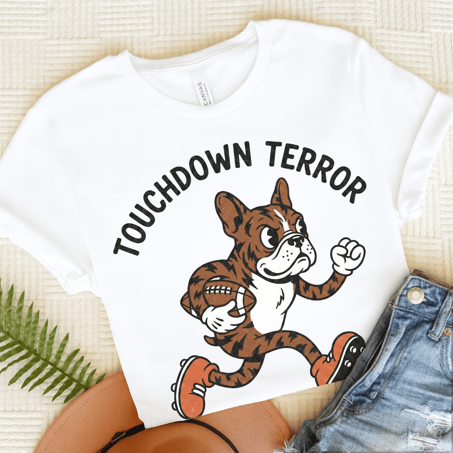 Brindle Frenchie football Touchdown Unisex TShirt White