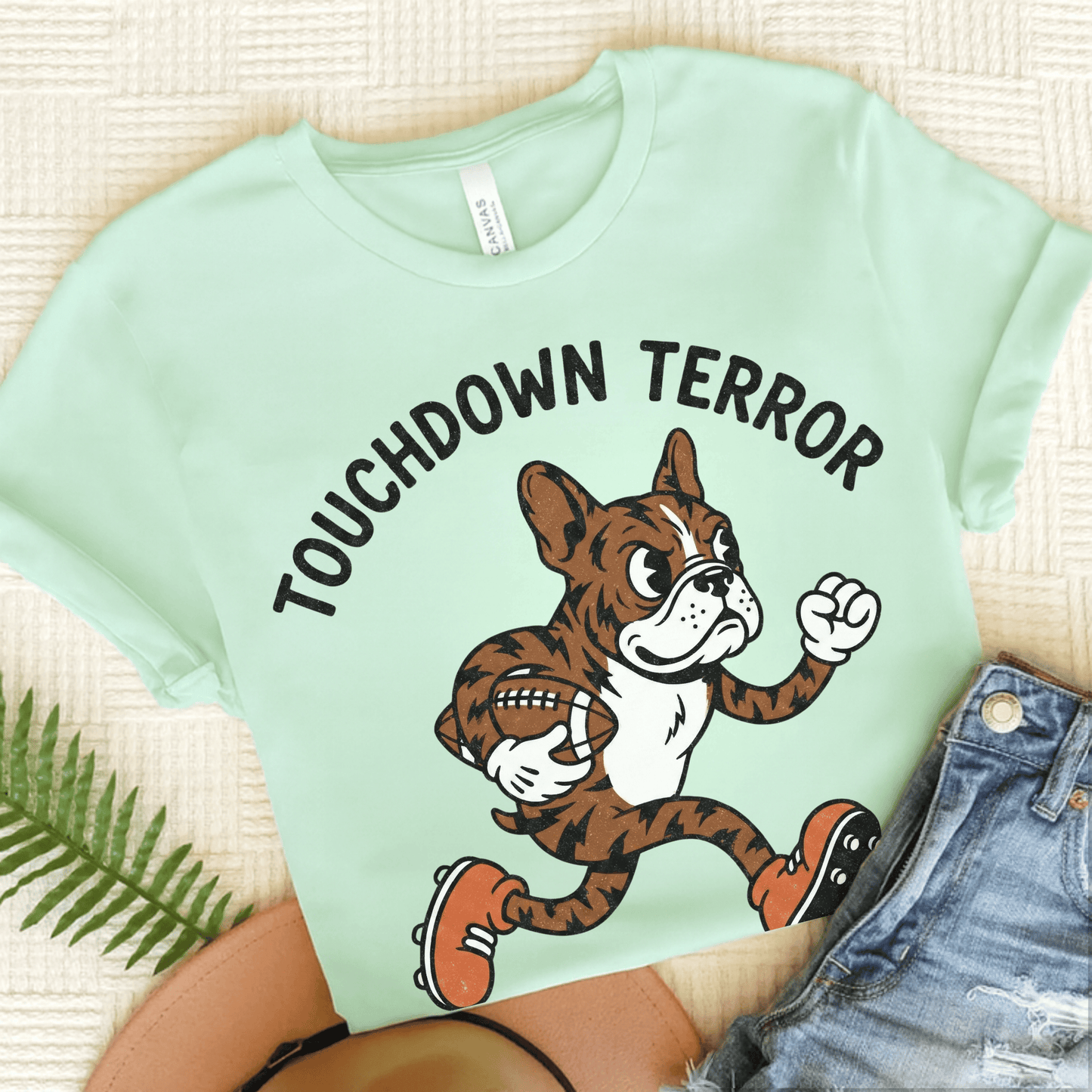 Brindle Frenchie football Touchdown Unisex TShirt Heather Mint